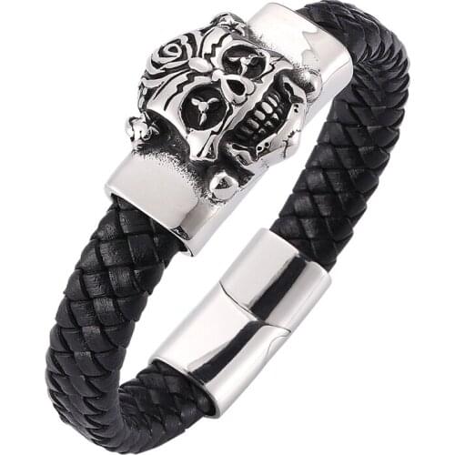 Punk Skull Leather Bracelets Fashion Jewelry Leather Bracelet Men Wristband Bracelets For Male Best Gift SP0287
