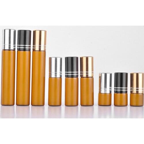 Wholesale 2ML 5ML 10ML Amber Glass Roller Roll on Bottle Essential Oil Vial With Black/Silver/Gold Cap