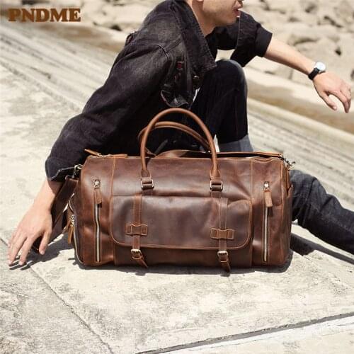 Retro super large capacity crazy horse cowhide mens travel bag natural genuine leather outdoor handbag weekend luggage bag