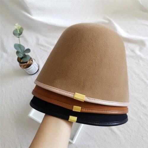 Woolen bucket hat black orange female bell-shaped lampshade fisherman hat retro straight basin hat plain face beggar hat