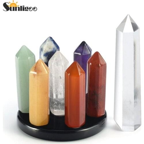 Sunligoo 7 Chakra Star Group Healing Crystal Quartz Hexagonal Point Array Statue Figurine Natural Stones Set Energy Stones Decor