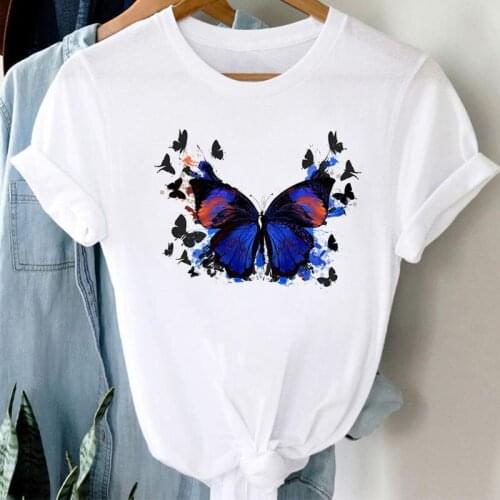 Harajuku Women T Shirt Watercolor Butterflies Print T Shirt Casual Tops Short Sleeve Cute Graphic Ladies Tee Shirts Woman Tops