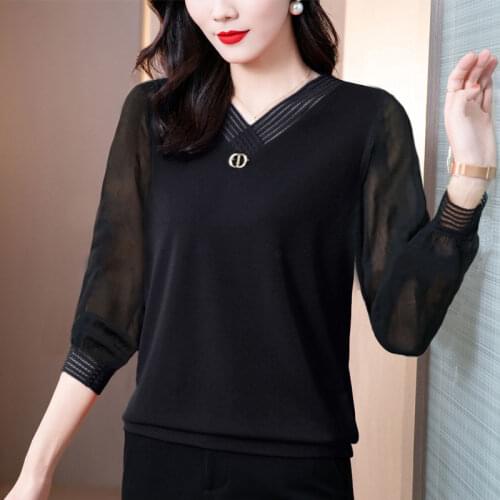 Mesh Long Sleeve Bottoming Shirt WomenS Tee 2021 Spring New V-neck Loose Middle-Aged Plus Size Fashion Tshirt Top