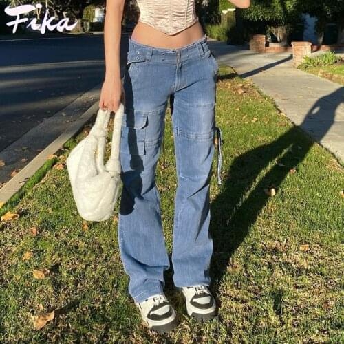 Y2K Low Rise Staright Cargo Women Jeans Wrap Belt Retro Denim Pants 2021 New Ruched Drawstring Women Denim Trousers Street Jean