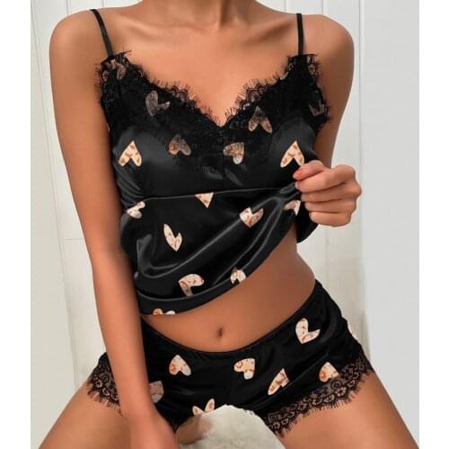 Lace Pijama Lips Print Womens Pajama Sets V-Neck Stretch Satin Sexy Lingerie Sleepwear Pajamas Home Wear Nightwear Clothing