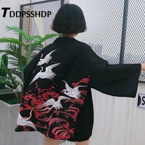Harajuku Crane Printing Kimono Style Women Coat Long Sleeve Casual Vacation Female Jacket