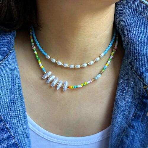 Simulated Pearl Boho Handmade Diy Rice Bead Necklace Choker Clavicular Chain Colorful Female Beach Collier Femme Jewelry