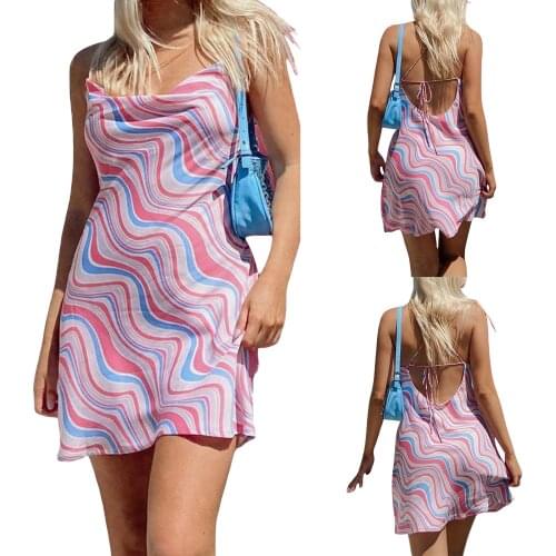 Women Close-fitting Slip Dress, Pink U-shaped Collar Printed Pattern Sleeveless Dress 2021