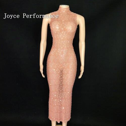 Shining Rhinestones Transparent Sleeves Long Dress Shining Evening Prom Performance Evening Birthday Celebrate Costume