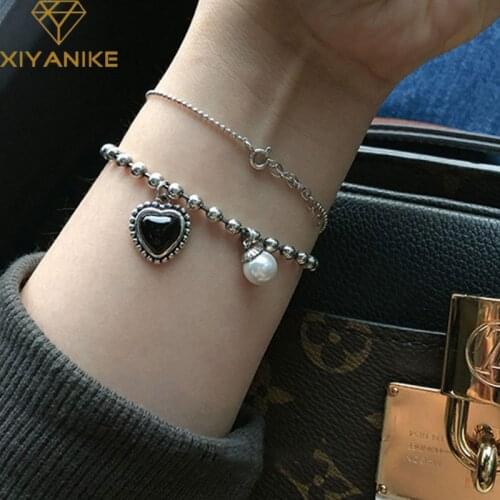 XIYANIKE 925 Sterling Silver Black Love Heasrt Zircon Pearl Bracelet Fashion Temperament Simple Beautiful Beaded Couple Jewelry