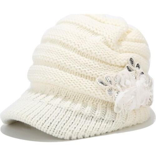 Stretchy Knitted Newsboy Cap Women Winter Hats with Visor Patch Flower White Red Grey Black