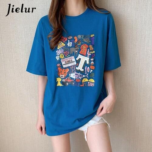 Jielur Korean T-shirts Summer Short Sleeve Cartoon Print Top Tee Shirt Female Loose Leisure Fashion BF Blue Pink Women T-shirt