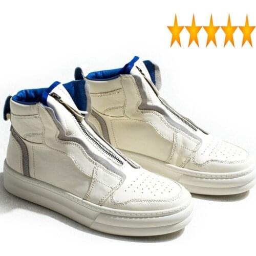 Zipper High Top Brand Platform Shoes Men Hip Hop White Genuine Leather Sneakers Casual Round Toe Flat Mens Trainers Zapatos