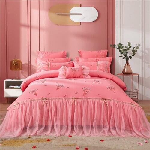 4/6/9Pcs Luxury Pink 100% Cotton Princess Wedding Bedding Set Lace Duvet Cover Quilt Cover Bed Comforter Set Quilted Bedspread