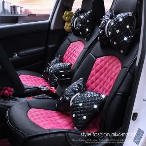 Car Head Neck Pillow Headrest Leather with Crystal Diamond Waist Supports Seat Rest Back Lumbar Women