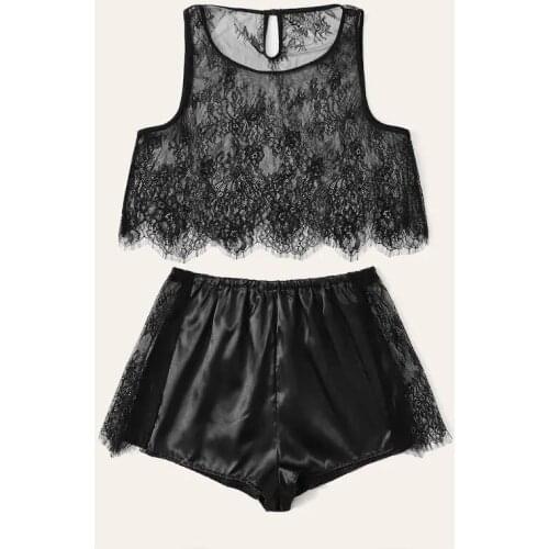 Hot Sale Sexy Lingerie Sexy Womens Plus Size Short Lace Pajamas Two-Piece Loose-Fitting Nightie Black