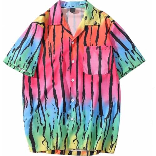 2020 Hip Hop Shirt Streetwear Men Hawaiian Shirt Tie Dye Rainbow Black Stripe Shirts Short Sleeve Harajuku Beach Shirt Summer
