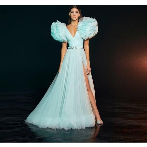 Modest Newest Mint Green Tulle Long Prom Gowns Ruffles Floral Sexy Split A-line Long Women Dresses Birthday Wedding Party