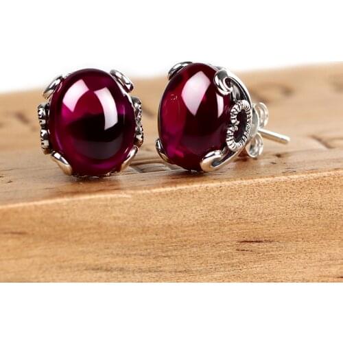 ZHJIASHUN 100% 925 Sterling Silver Earring For Women Retro Natural Precious Stone Stud Earrings Vintage Royal Jewelry