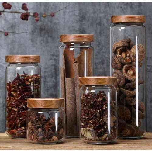 Glass Storage Jar Sealed Jar Acacia Wood Lid Candy Jar Dried Fruit Snack Storage Jar Kitchen Miscellaneous Grain Storage Tool