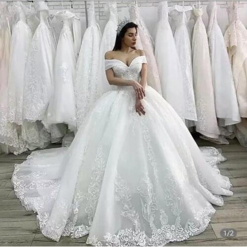 Off Shoulder Princess Wedding Dresses Ball Gown 2021 Puffy Appliques Lace Bridal Gowns Bride Dress Plus Size