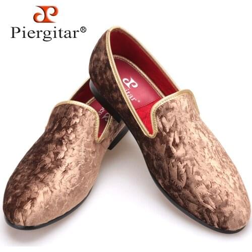 Piergitar 2019 New special - handcrafted brown flower print men velvet shoes party and wedding mens loafers fashion mens flats