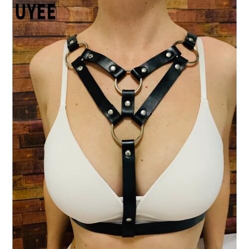 UYEE Sexy Women Bdsm Stocking Belt Punk Gothic Leather Harajuku Lingerie Harness Bra Bondage Fetish Wear Black Top Underwear