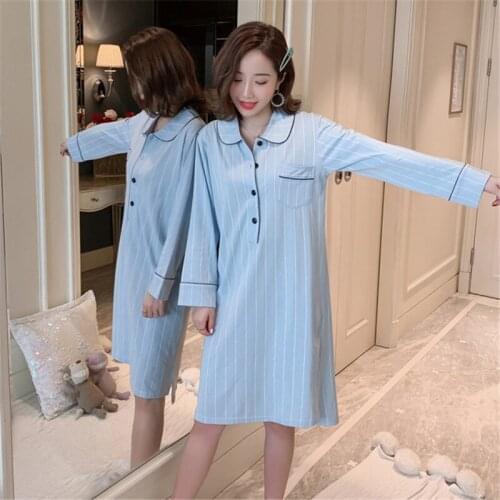 Lapel nightdress female spring and autumn long-sleeved Korean cotton loose large size home service cardigan shirt skirt pijama