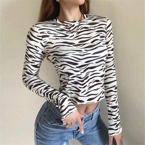 Womens 2021 New Zebra Print Foundation Top Dark Trend Long Sleeve T-Shirt Short Top