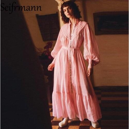 Seifrmann New 2021 Autumn Women Fashion Runway Party Long Dress Lantern Sleeve Bow Sashes Single Breasted Solid Printed Dresses