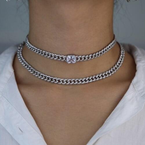 Women hip hop miami cuban chain choker necklace micro pave bling heart cz cubic zirconia iced out silver color chain necklace