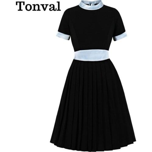 Tonval Stand Collar High Waist Patchwork Elegant Black Pleated Dress Women Bow Tie Back Knee Length Ladies Dresses