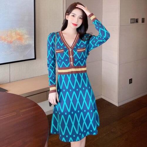 Button V-Neck Long Sleeved Mini Women’s Dress Vintage Elegant Ladies Autumn Korean Fashion Party Geometry Knitted Dresses