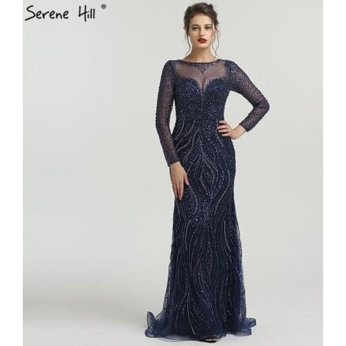 Long Sleeve Navy Blue Grey Crystal Beading Mermaid Formal Evening Party Gowns Dresses BLA6506