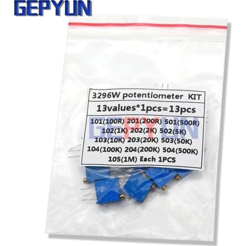 13kinds*1PCS=13PCS 3296W adjustable potentiometer Kit igmopnrq contains 100R 200R 500R 1K 2K 5K 10K 20K 50K 100K 200K 1M