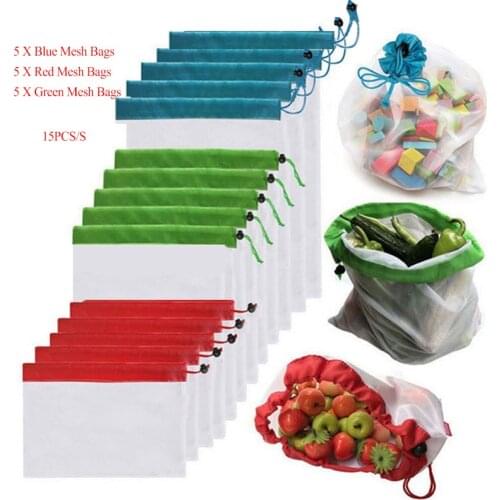 15pcs Reusable Mesh Produce Bags Washable Bags for Grocery Shopping Storage Fruit Vegetable Toys Sundries Organizer Storage Bag