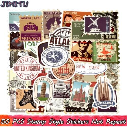 50 PCS Retro Stamp Sticker Travel Historical Building Postmark Postage Stickers for DIY Luggage Laptop Travel Case Guitar Fridge