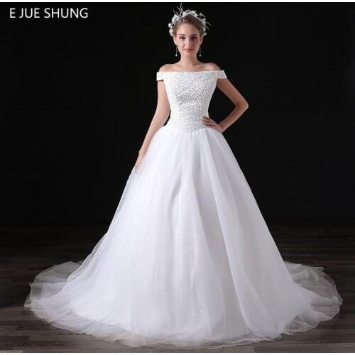 E JUE SHUNG White Full Beads Ball Gown Wedding Dresses 2018 Off The Shoulder Beaded Simple Bridal Dresses Wedding Gowns