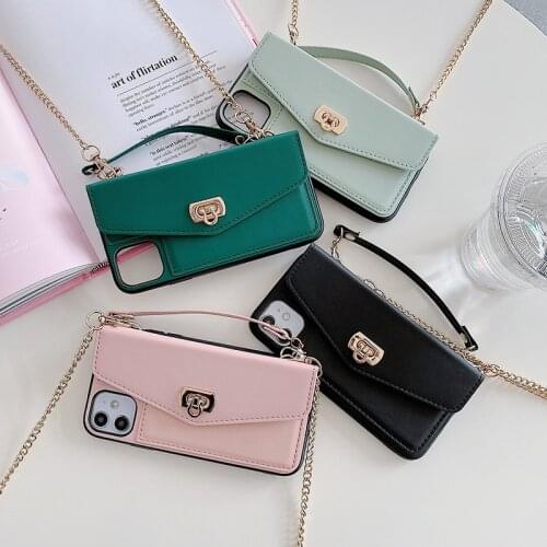 Gold Chain Crossbody Shoulder Wrist Strap Phone Case For iPhone 12 Mini 11 Pro Max X XR XS 7 8 Plus Wallet Handbag Leather Cover