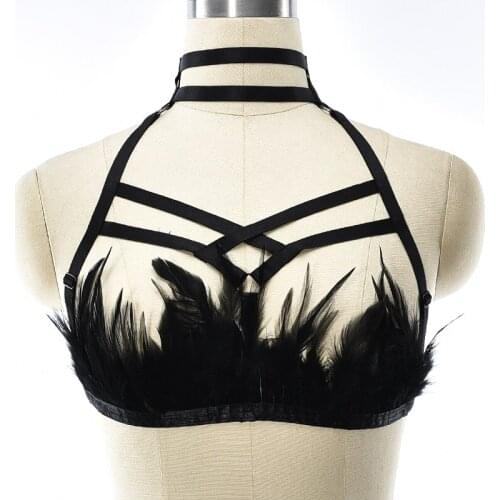 Women Sexy Feather Lingerie Harness Bra Adjustable Strap Body Cage Black Perspective Bondage Body Harness Belt Goth Rave Wear