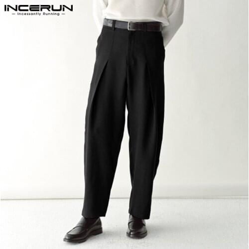 INCERUN 2021 New Mens Fashionable Pants Regular Fit Chino Dress Pantalones Waist Solid Color Stylish High-waisted Trousers S-5XL