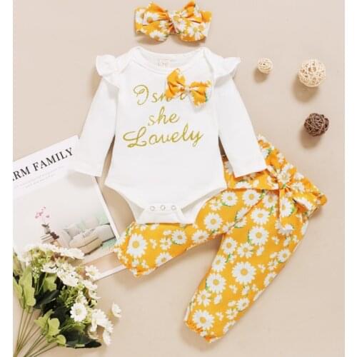 Spring Autumn Three Piece Baby Girl’s Clothes Fresh Letter Long Sleeve Letter Jumpsuit and Floral Long Pants with Headband