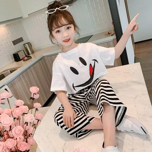 Girls summer fashion two-piece suit Girls T-shirt wide leg pants suit Girl western style striped suit Girls cotton suit