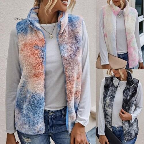 Fashion Tie-Dye Print Plush Warm Jacket Vest Cardigan Casual Ladies Faux Fur Coat Winter Sleeveless Streetwear Womens Outerwear