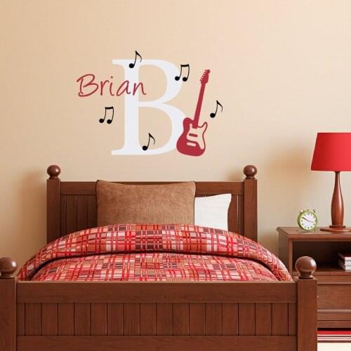 Musical Series Art Fashion Wall Stickers Home Custom Personalized Children Name With Guitar Wall Decals Vinyl Wall Mural W-158