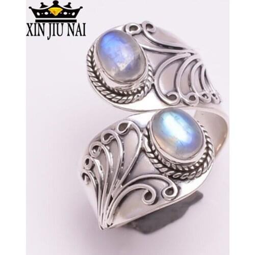 New Retro Style Silver Color Moonstone Ring Female Adjustable Exaggerated Carved Punk Style Rings for Women Girls Vintage Gifts