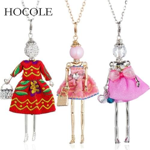 Lovely Rhinestone Dress Doll Pendant Necklace Long Chain Baby Girls Big Choker Necklaces For Women Maxi Jewelry Collier Femme