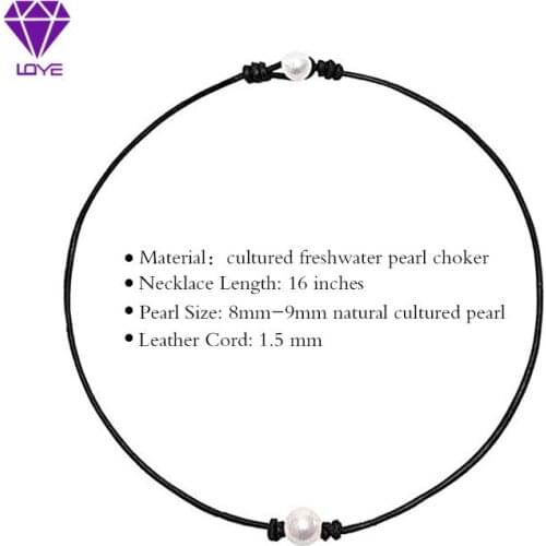 Natural freshwater pearl necklace simple leather rope necklace Ladies single bead handmade leather necklace jewelry