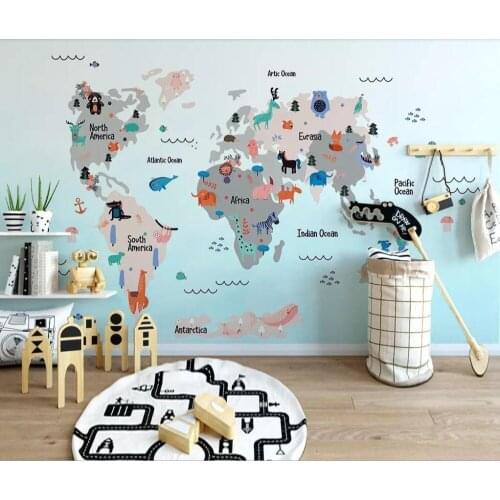 Hand-painted cartoon world animal map children room mural background wall