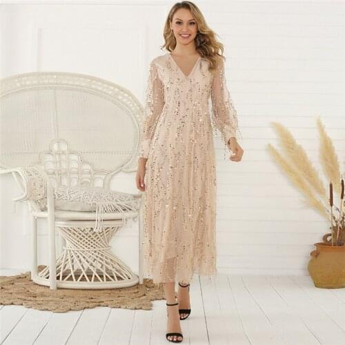 Party Dress V-Neck Long-Sleeve Cocktail Dress Apricot Tassels Sequin Womans Formal long cubDress Sexy V-Back New Womans Dresse